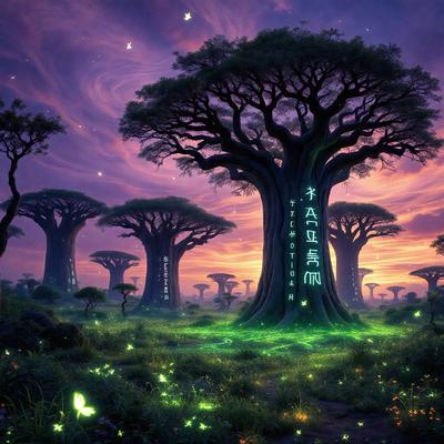 The primary subject of the image is a large tree with a message written on it. The tree is surrounded by a forest of other trees, creating a serene and peaceful atmosphere. The setting is a lush green forest, and the visual style is a digital art or illustration. The dominant colors are green and purple, which contribute to the overall mood of the scene.